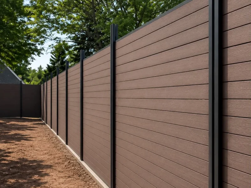Brown horizontal board fence with black posts along a side yard