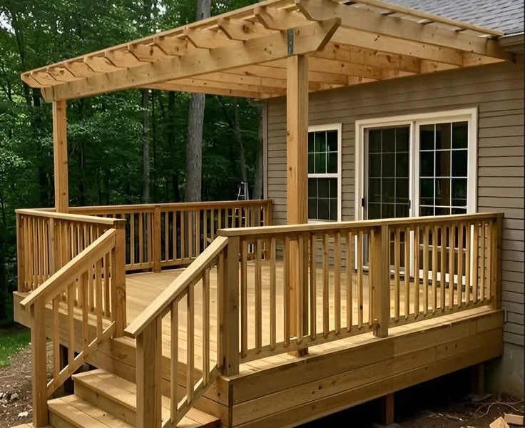 Pressure-treated deck with a pergola, wood railings and stairs behind a house