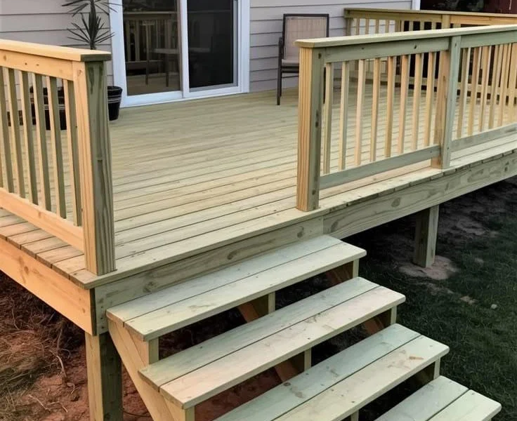 Pressure-treated deck with wood railings and wide stairs at dusk